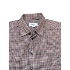 Eton Slim Fit Check Dress Shirt Mens Size L Red‎ Blue White Long Sleeve